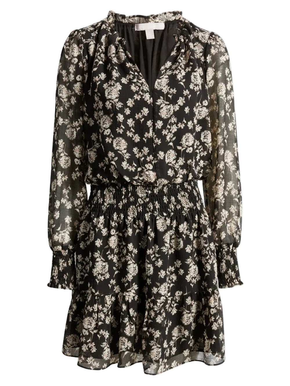 Chelsea28 Black and Cream Floral Chiffon Long-Sleeve Smocked Mini Dress Size M